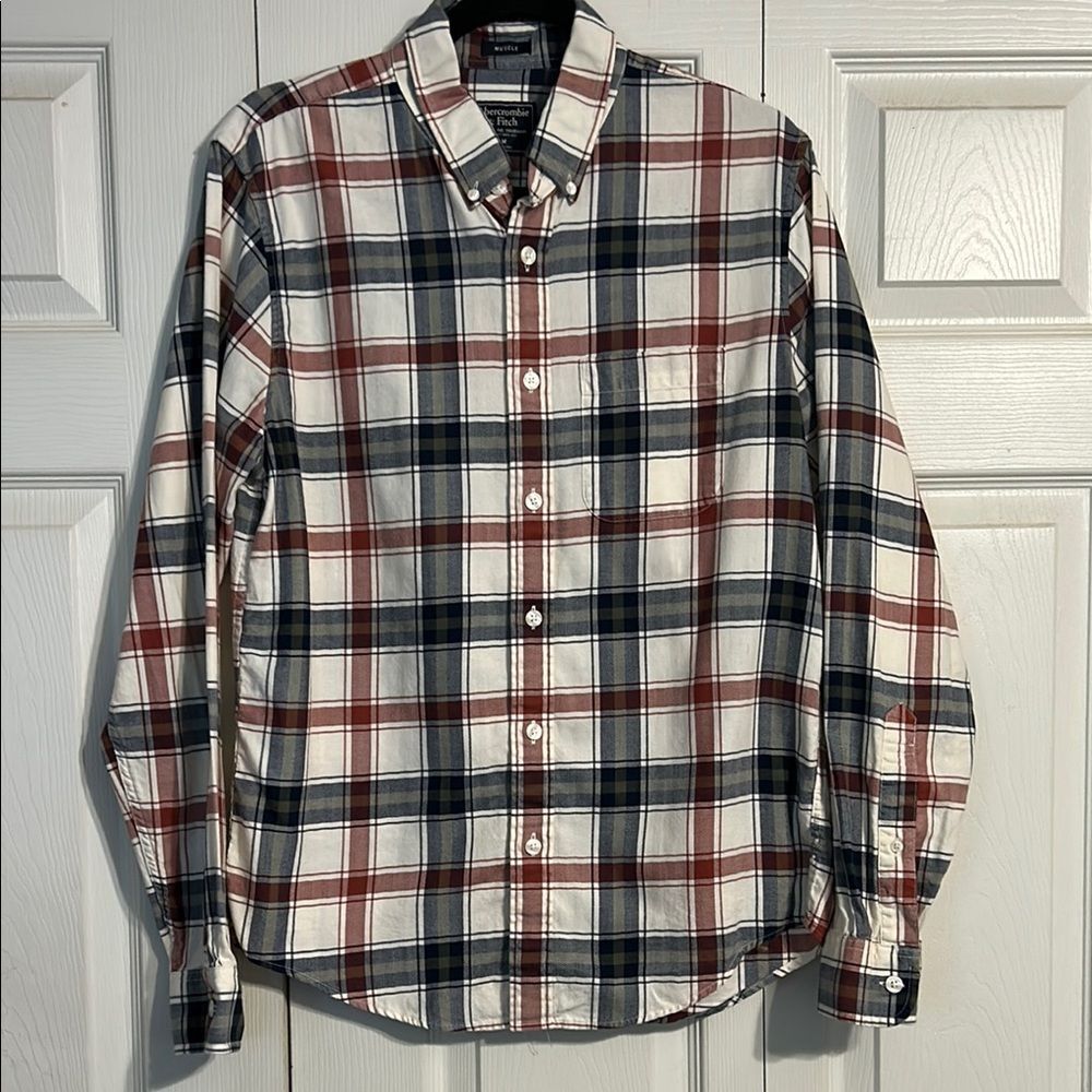ABERCROMBIE and FITCH White Blue Red Green Plaid Button Down Shirt Muscle Medium